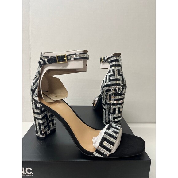 INC Women's Lexini 62 Maze Silver/Black Open Toe Block Heel Rhinestone Sz 8M - Picture 2 of 7